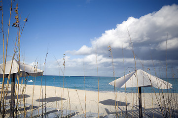 Image showing beautiful beach with lounge chairs and blue sky