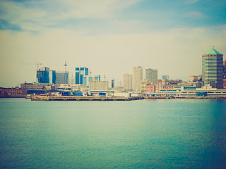 Image showing Retro look View of Genoa Italy from the sea