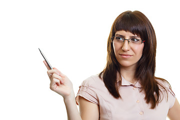 Image showing young attractive girl with glasses with a pointer