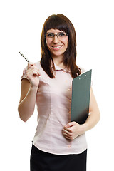 Image showing young beautiful woman in glasses with a pen and documents