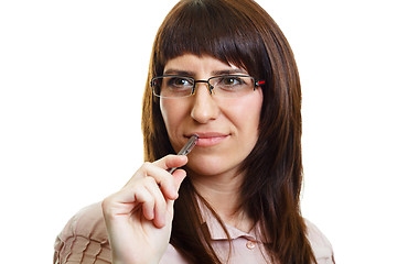 Image showing Young pensive girl in glasses on a white background