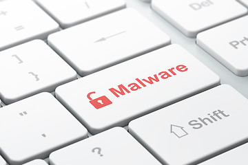 Image showing Protection concept: Opened Padlock and Malware on computer keyboard background