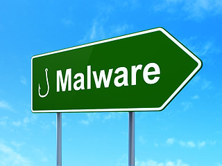 Image showing Security concept: Malware and Fishing Hook on road sign background
