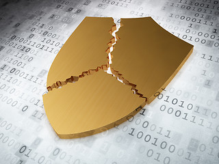 Image showing Protection concept: Golden Broken Shield on digital background