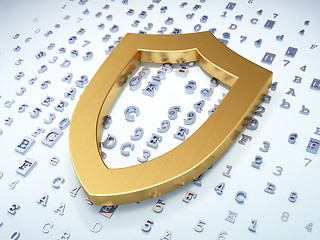 Image showing Privacy concept: Golden Contoured Shield on digital background