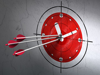 Image showing Timeline concept: arrows in Clock target on wall background