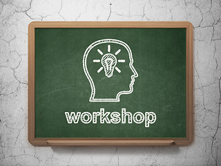 Image showing Education concept: Head With Lightbulb and Workshop on chalkboard background