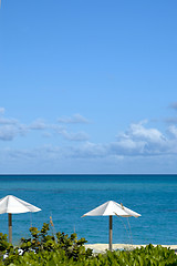 Image showing ocean beach with chairs umbrellas