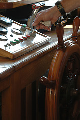 Image showing captain's controls beautiful wooden boat