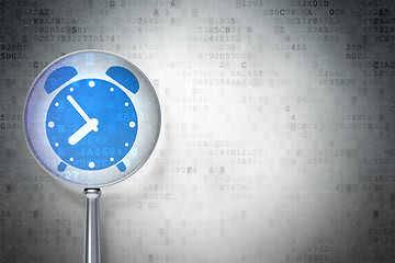 Image showing Timeline concept:  Alarm Clock with optical glass on digital background