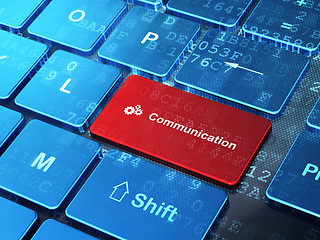 Image showing Marketing concept: Gears and Communication on computer keyboard background