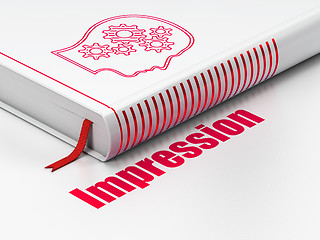 Image showing Advertising concept: book Head With Gears, Impression on white background