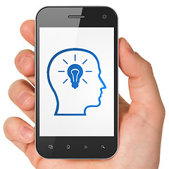 Image showing Business concept: Head With Lightbulb on smartphone