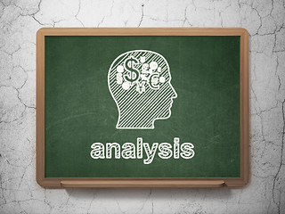 Image showing Advertising concept: Head With Finance Symbol and Analysis on chalkboard