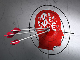 Image showing Education concept: arrows in Head With Finance Symbol target on wall background