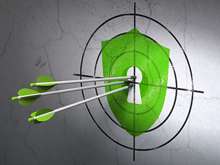 Image showing Security concept: arrows in Shield With Keyhole target on wall