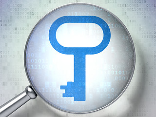 Image showing Protection concept: Key with optical glass on digital background