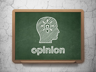 Image showing Marketing concept: Head With Light Bulb and Opinion on chalkboard background