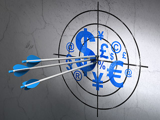 Image showing Marketing concept: arrows in Finance Symbol target on wall background