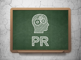 Image showing Marketing concept: Head With Gears and PR on chalkboard background