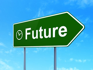 Image showing Time concept: Future and Clock on road sign background