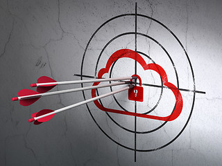 Image showing Cloud technology concept: arrows in Cloud With Padlock target on wall background