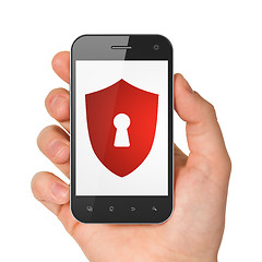 Image showing Protection concept: Shield With Keyhole on smartphone