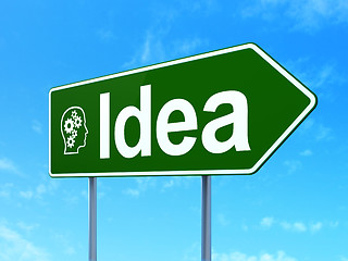 Image showing Marketing concept: Idea and Head With Gears on road sign