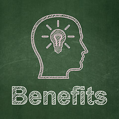 Image showing Finance concept: Head With Lightbulb and Benefits on chalkboard background