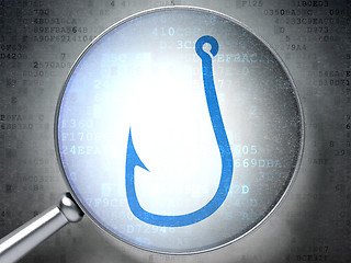 Image showing Protection concept: Fishing Hook with optical glass on digital background