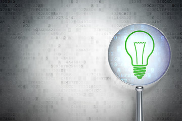 Image showing Business concept:  Light Bulb with optical glass on digital background