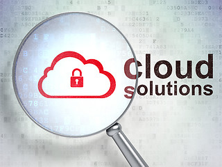 Image showing Cloud technology concept: Cloud With Padlock and Cloud Solutions with optical glass