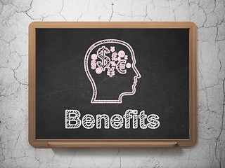 Image showing Finance concept: Head With Finance Symbol and Benefits on chalkboard background