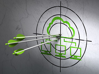 Image showing Cloud technology concept: arrows in Network target on wall background