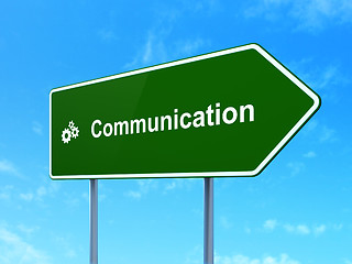 Image showing Marketing concept: Communication and Gears on road sign background