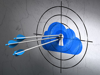 Image showing Cloud technology concept: arrows in Cloud With Keyhole target on wall background