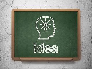 Image showing Advertising concept: Head With Lightbulb and Idea on chalkboard background