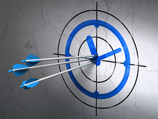 Image showing Timeline concept: arrows in Clock target on wall background