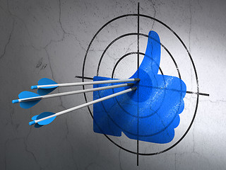 Image showing Social network concept: arrows in Thumb Up target on wall background