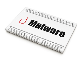 Image showing Privacy concept: newspaper with Malware and Fishing Hook