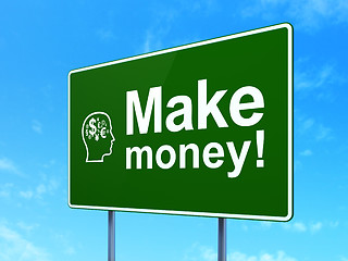 Image showing Finance concept: Make Money! and Head With Finance Symbol on road sign background