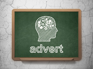 Image showing Marketing concept: Head With Finance Symbol and Advert on chalkboard