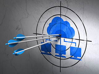 Image showing Cloud technology concept: arrows in Network target on wall background