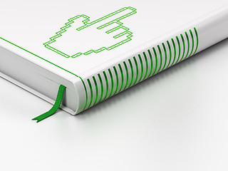 Image showing Advertising concept: closed book, Mouse Cursor on white background