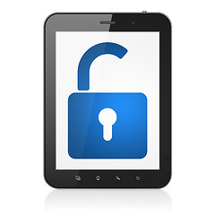 Image showing Safety concept: Opened Padlock on tablet pc computer