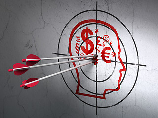 Image showing Education concept: arrows in Head With Finance Symbol target on wall background