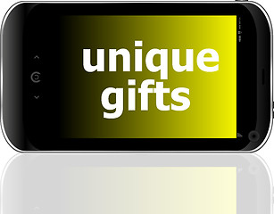 Image showing digital smartphone with unique gifts words, holiday concept