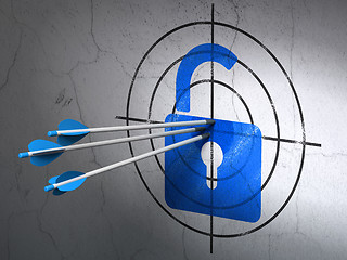 Image showing Security concept: arrows in Opened Padlock target on wall background