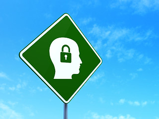 Image showing Finance concept: Head With Padlock on road sign background