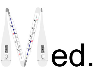 Image showing analog and digital clinical thermometers as letter M